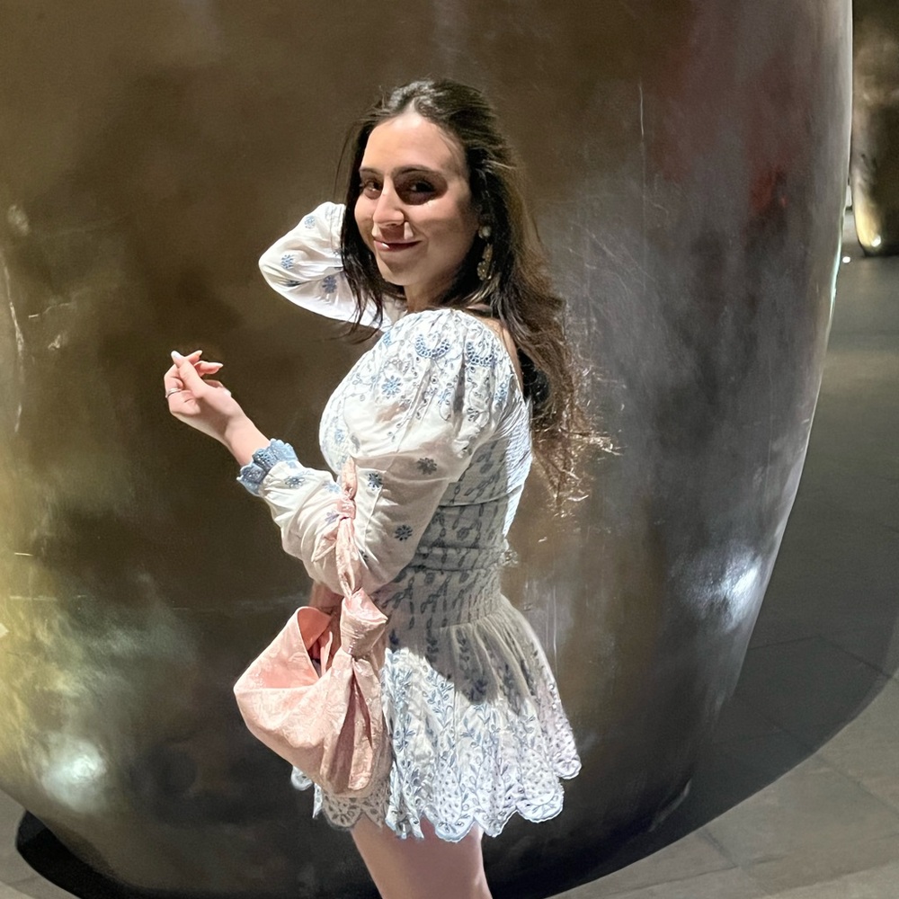 LoveShackFancy Floral Blue and White Smocked Mini Dress